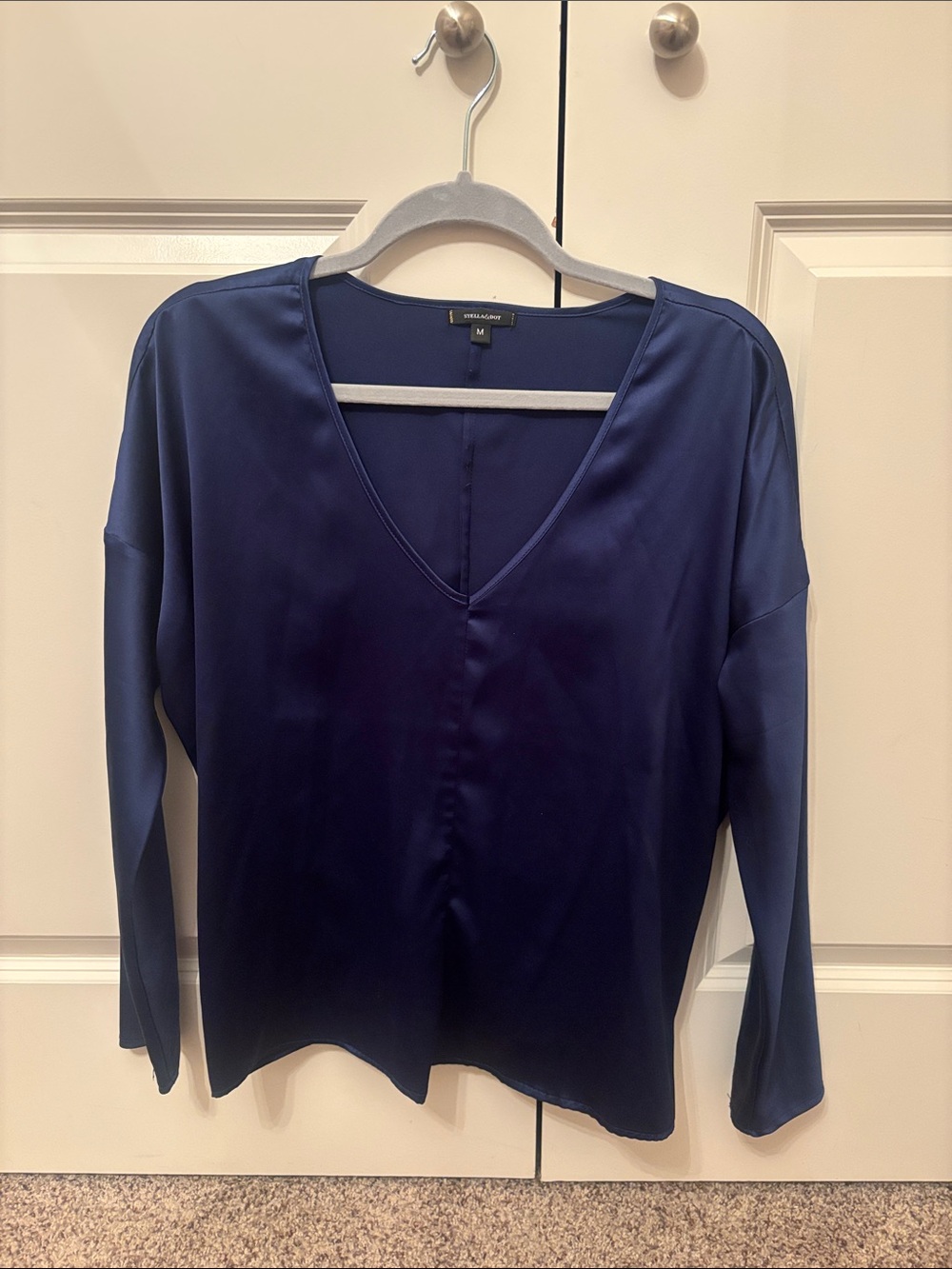 Stella & Dot Navy V-Neck Long-Sleeve Satin Top